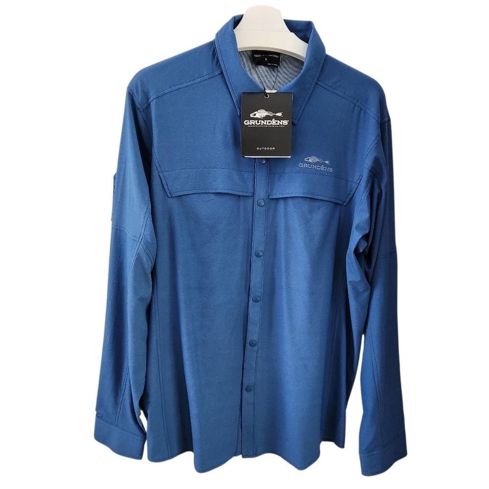GRUNDÉNS Blue Technical Fishing Button-Up Shirt Outdoor Performance l